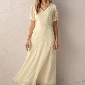 Lulus The Best Days Cream Swiss Dot Short Sleeve Maxi Dress Beige - Size S